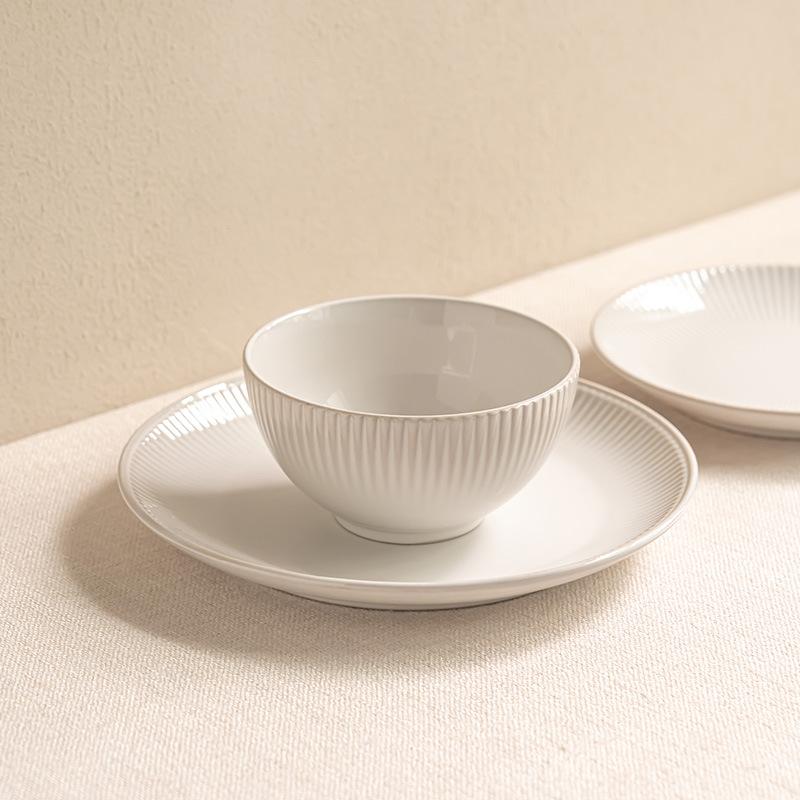 Line Relief Ceramic Bowl Plate Household Tableware Salad Bowl Noodle Bowl Vegetable Plate Western Food Plate Breakfast Plate Pasta Plate