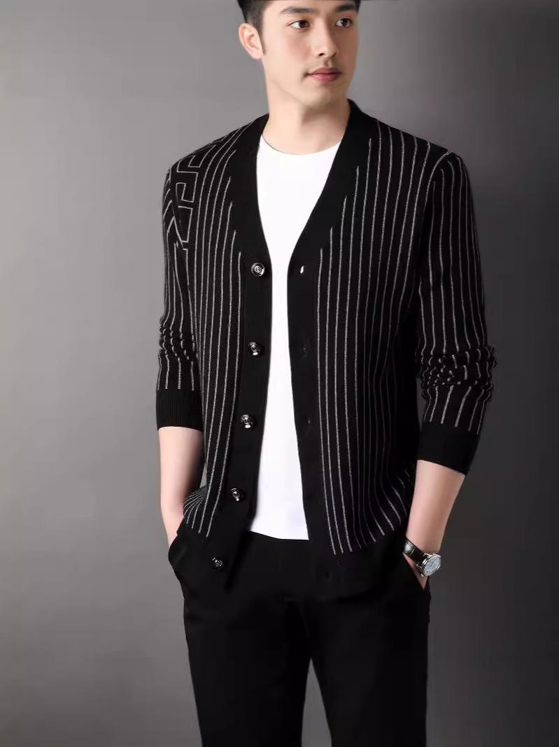 

Men s V-neck Striped Knit Cardigan - Autumn 2024 Casual Long Sleeve Jacket Small