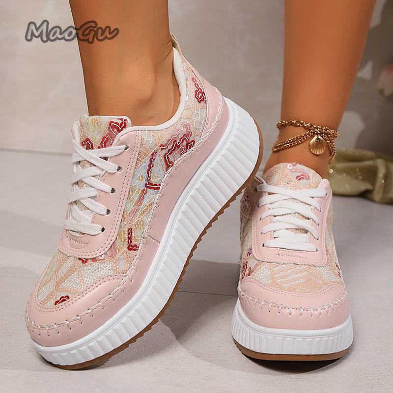 Fashion Fashion Glitter Platform Sneakers for Women 2025 Spring Lace Up Pink Sports Shoes Woman Plus Size 43 Thick Bottom Walking Shoes