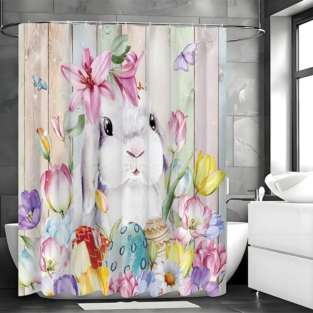 Cute Bunny Shower Curtain, Floral Colorful Eggs Wooden Plank Bowknot Bathroom Decorative Shower Curtain, Waterproof Shower Curta