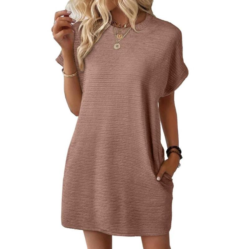 

European And American Style Summer New Products Loose Round Neck Pocket Solid Color Short-Sleeved Dress Women S светло-коричневого