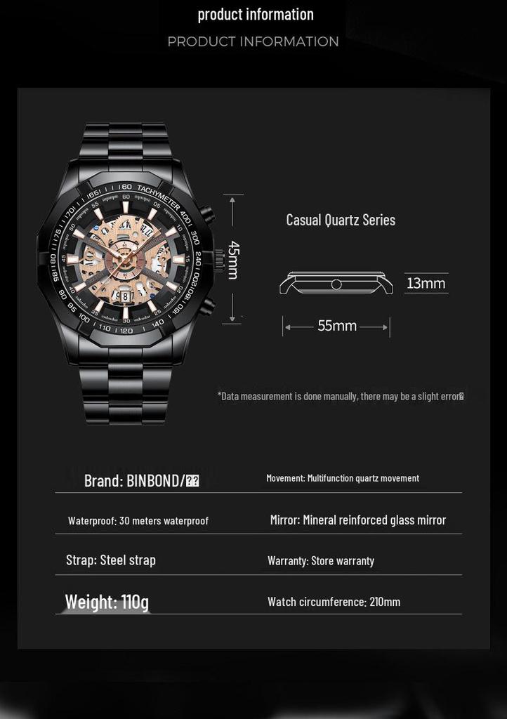Binbond Skelett Non-Mechanisch Wasserdichte Herrenuhr - Schwarzes Metall & Blaues Design