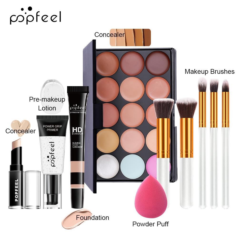 POPFEEL FACE EDIT Makeup Set - 15 Colors Concealer & Contour Palette, Power Grip Primer, HD Liquid Concealer, Brushes & Sponge Kit