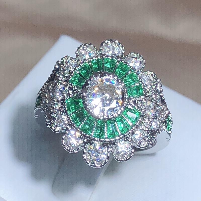 

Fashion Temperament Flower Full Diamond Ring Female 925 Stamp Green T Square Stone Party Birthday Jewelry Gift Wholesale 6 зелёный