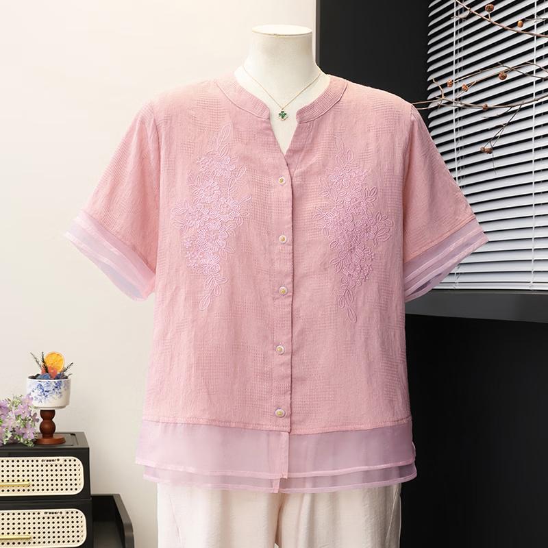 New Chinese Style Embroidered Stand-Up Collar Short Sleeve T-Shirt for Middle-Aged Women 4XL