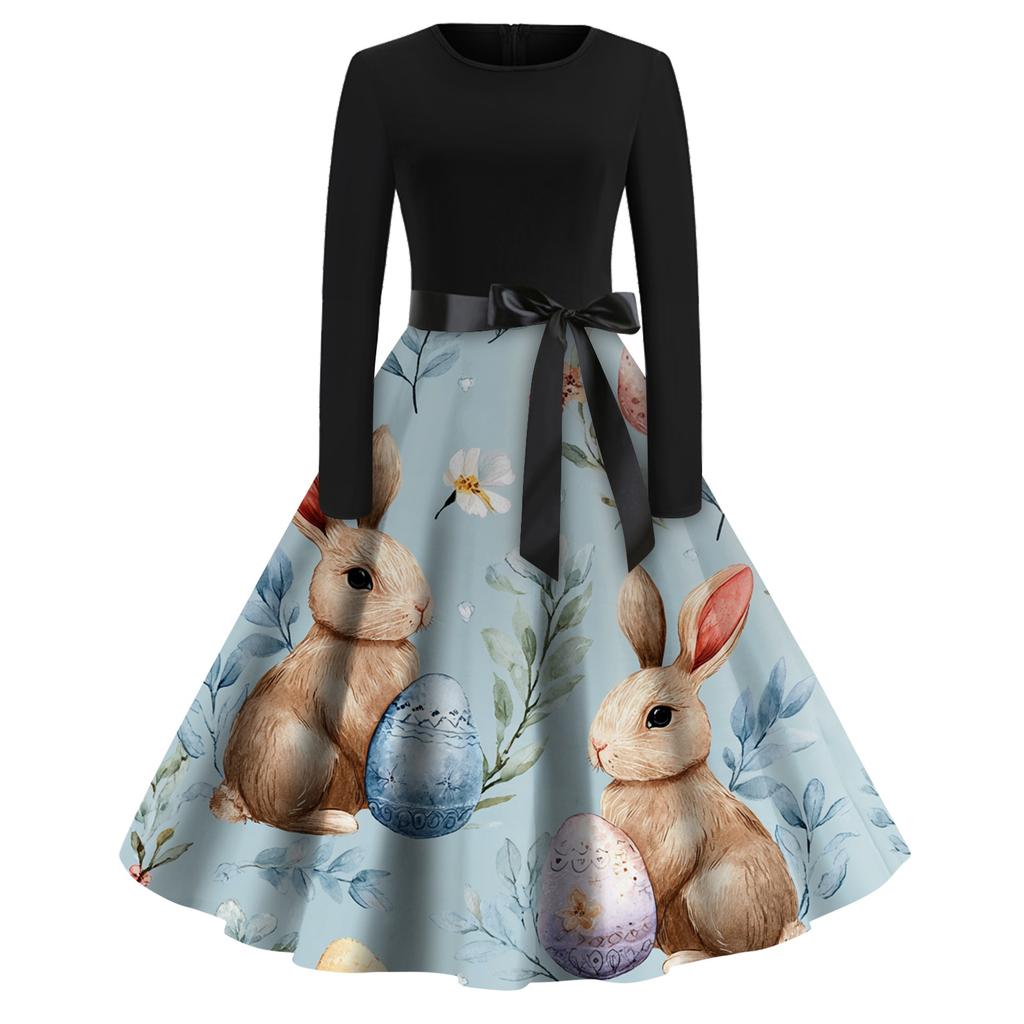 Women's Fashion Round Neck Casual Slim-fit Easter Printed Large Swing Long Sleeve Dress