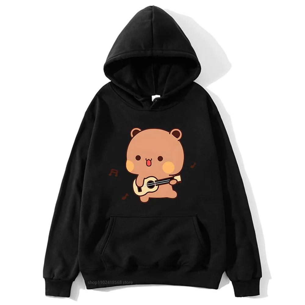 Cute Pretty BuBu Panda in Flowery Head Piece Hoodie DuDu Bear Dancing and Playing with A Guitar Sweatshirt Women Tops