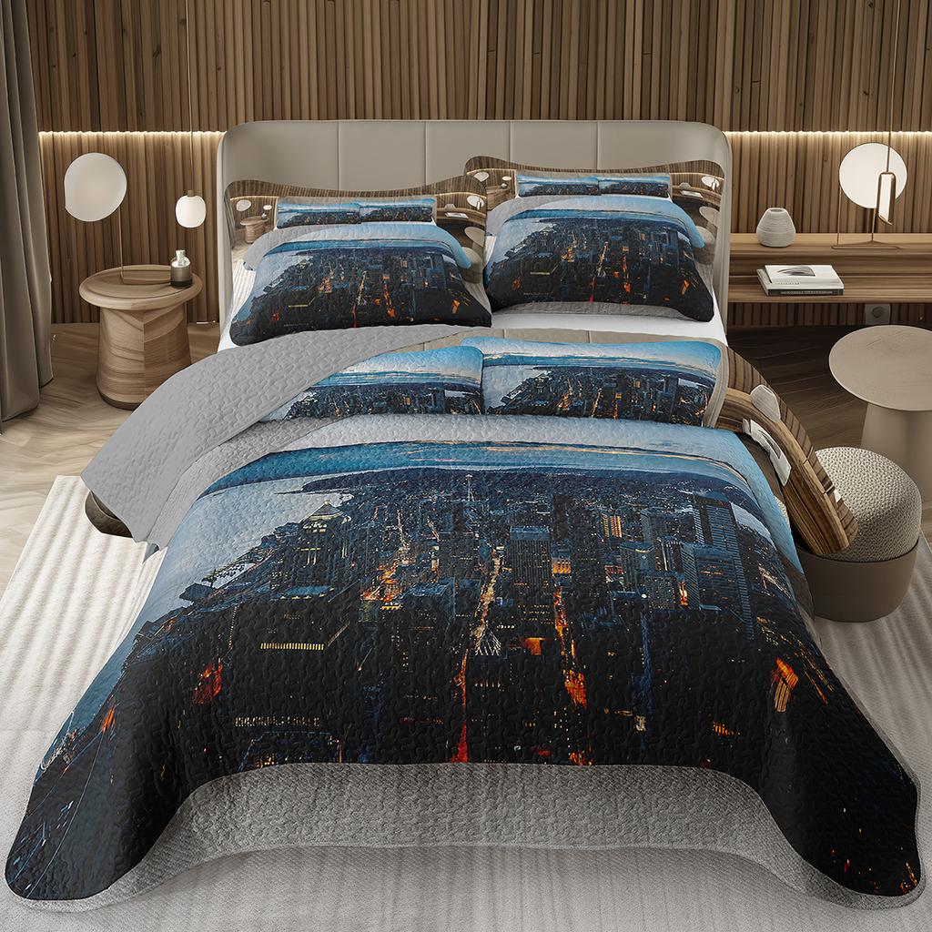 City Landscape Quilted Bedspread Set Cityscape Artwork Queen Bedding Set Colorful River Business District Coverlet For Girls Man