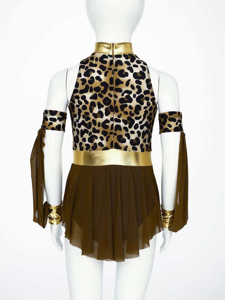 Girls Prehistoric Costume Leopard Print Dress with Built-in Briefs & Oversleeves Metallic Gloss for Performance