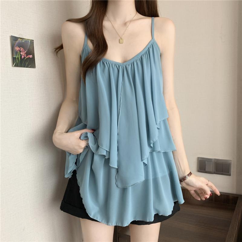 Plus Size V-Neck Sleeveless Patchwork Camisole – Korean Style Casual Women s Top M синий