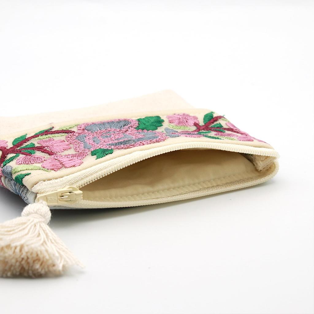 Tomo Corporation Indian Embroidered Ribbon Pouch with Tissue Case, Beige, Indian Embroidery, Indian Ribbon, 13xH10xD2cm, 13124-000-414