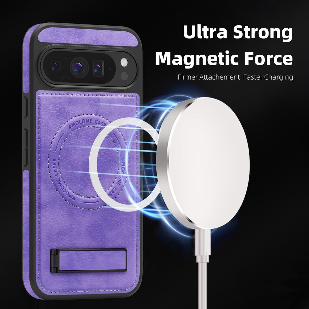 For Google Pixel 9 Pro XL Case Compatible with MagSafe Kickstand Leather Phone Back Cover