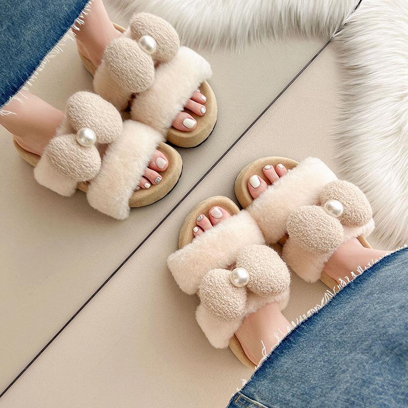 Perlen Schleife flauschige Hausschuhe Damen Herbst und Winter neu Zuhause Holzboden Wochenbett Plüsch Ein-Wort Baumwollhausschuhe