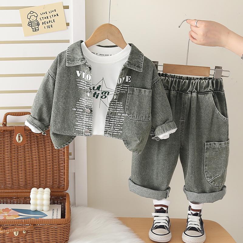 0-5-year-old Boys' Long Sleeved 3-piece Set, Boys' Fashion Suit, Children's Denim Jacket+white T-shirt+denim Pants