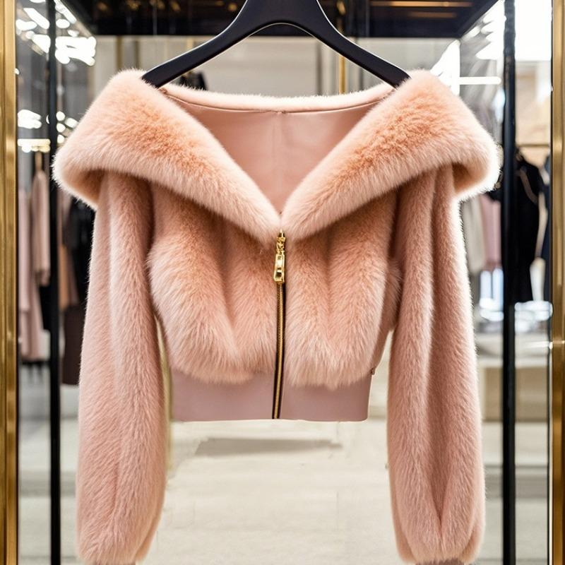 Winter New Celebrity Temperament Pink Plush Jacket Women's Short High-waisted Imitation Fur Top