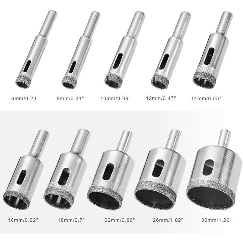 10pcs Diamond Coated Hss Drill Bit Set Tile Marble Glass Ceramic Hole Saw Drilling Bits for Power Tools 6mm-32mm(0.23-1.26in)