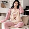 Thickened Warm Large Size Padded Fall and Winter Women's Pajamas Top and Pants Set Coral Velvet Ladies Cartoon Bear 2PCS/Set