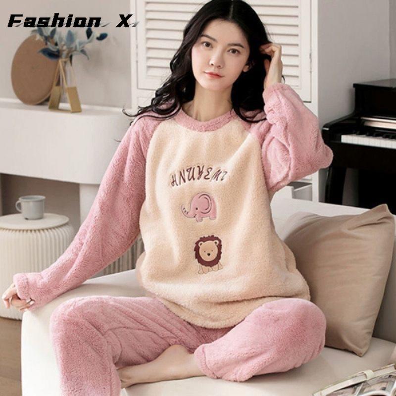 Thickened Warm Large Size Padded Fall and Winter Women's Pajamas Top and Pants Set Coral Velvet Ladies Cartoon Bear 2PCS/Set