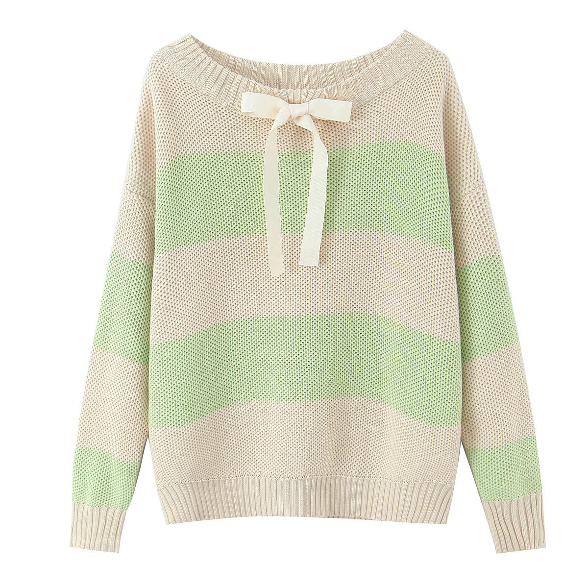 European Strappy Bow Striped One-Shoulder Sweater Knitwear Small