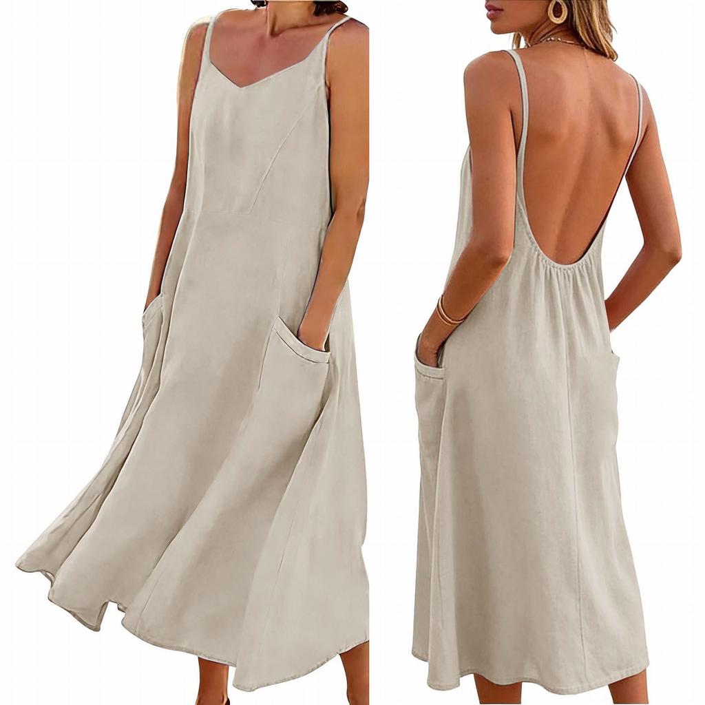 Women's Fashionable Casual -Color -Neck Backless Dress With Pockets