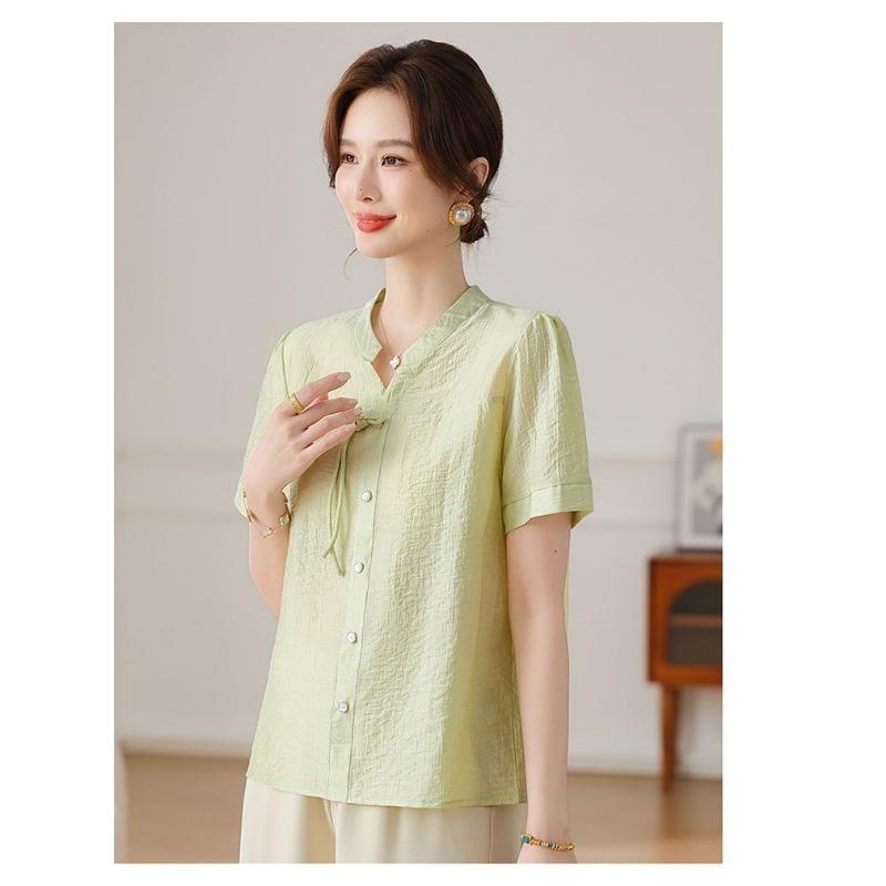 Women's Summer Mandarin Collar Blouse Short Sleeve Knot Detail Textured Fabric Loose Fit Casual Top