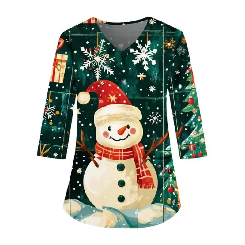 

Рождественская форма медсестры, женская, с рисунком снеговика, лося, рукава 3/4, повседневные комбинезоны с карманами, униформа для медицинских сестер 2XL