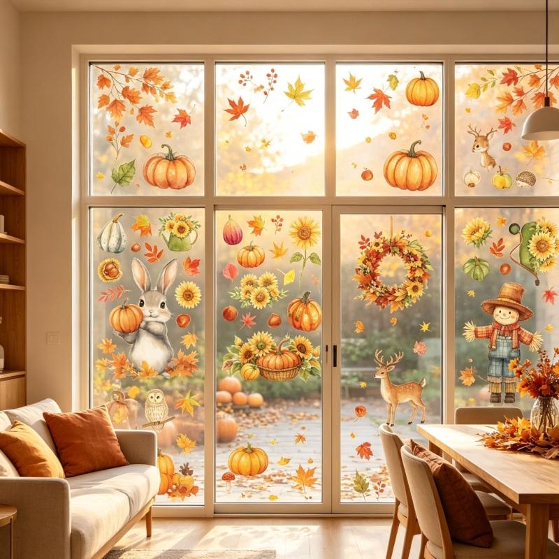 9 Sheets PVC Thanksgiving Glass Clings with Sunflowers, Pumpkins, Fall Message Signs and Animal Motifs for Smooth Glass Displays in Homes, Offices and