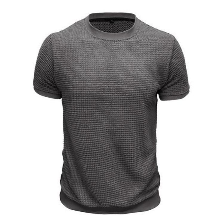 Summer Slim Fit Ribbed Elastic T-shirt Men Casual Knitted Round Neck Short Sleeves Pullover Solid Color Daily Tops Clothes