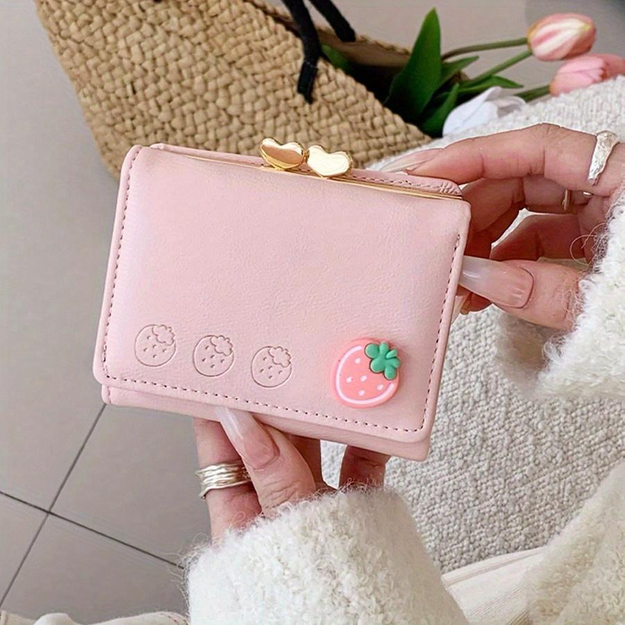 Cute Cartoon Fruit Printed Folding Women's Wallet Korean Style Pu Leather Coin With Clip Hot Pink For Women Wallet Purse Wallet Small Wallet
