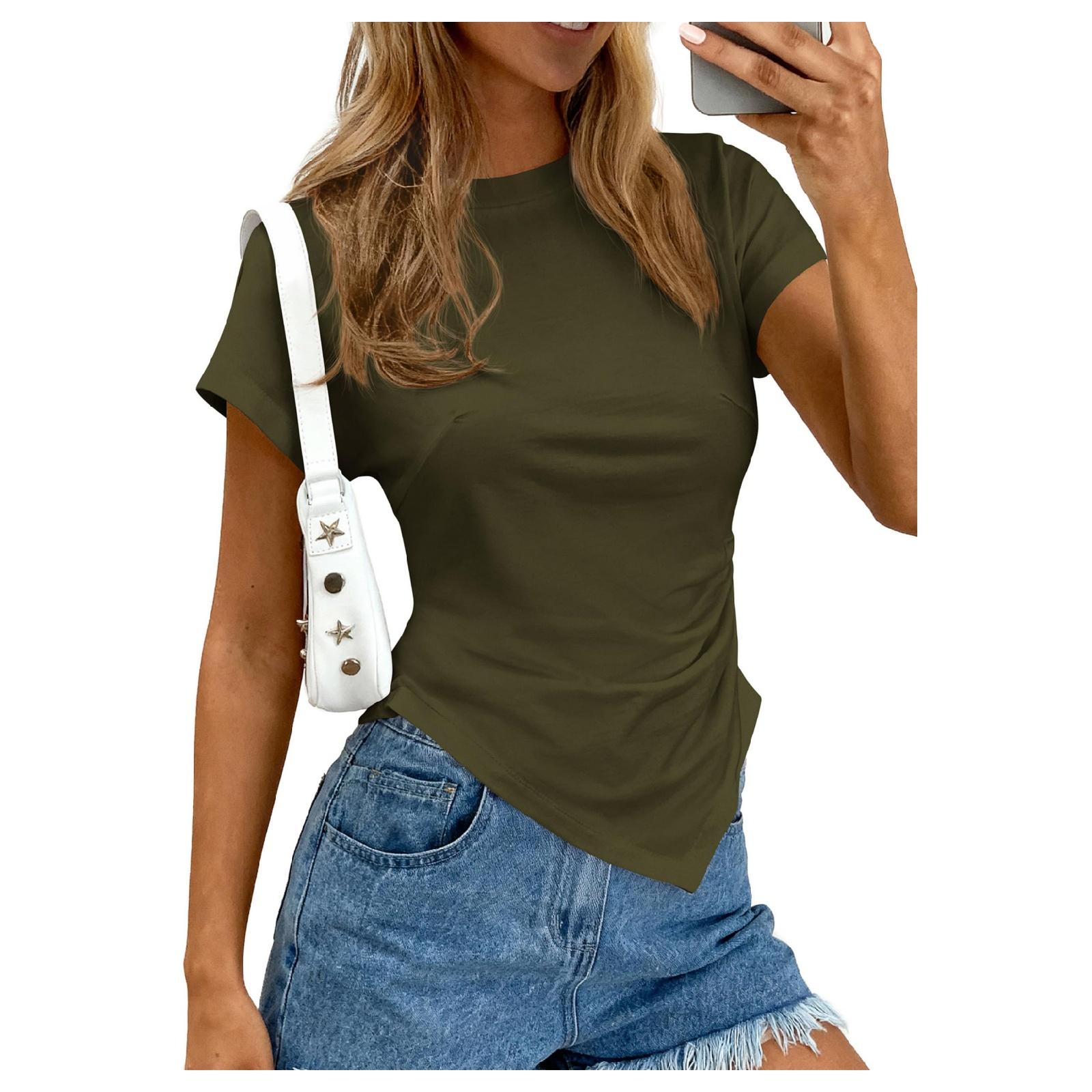 Fashion Women s  Color Round-Neck  Asymmetric Ruffled Top L армия зеленый