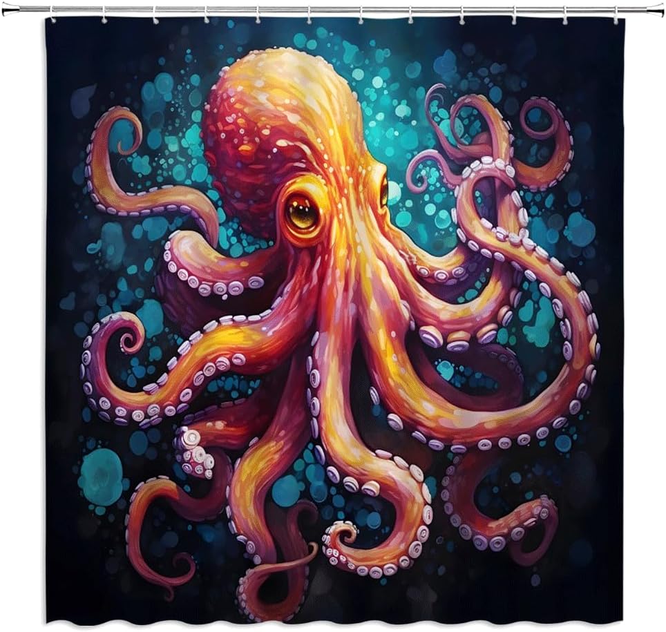 Octopus Shower Curtain Nautical Orange Animal Tentacles Cool Ocean Tropical Fish Underwater World Adventure Sea Wildlife Decork