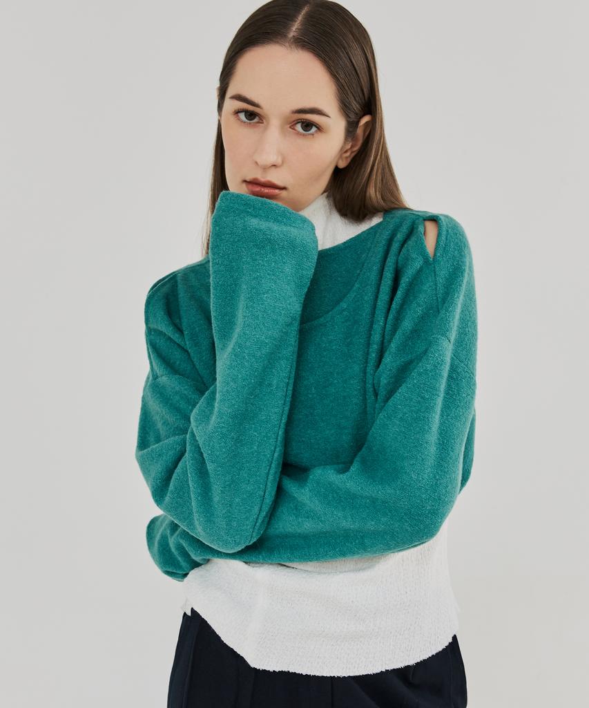 THEFRHT Cutout Two-Way Wool Crop Top (Teal)