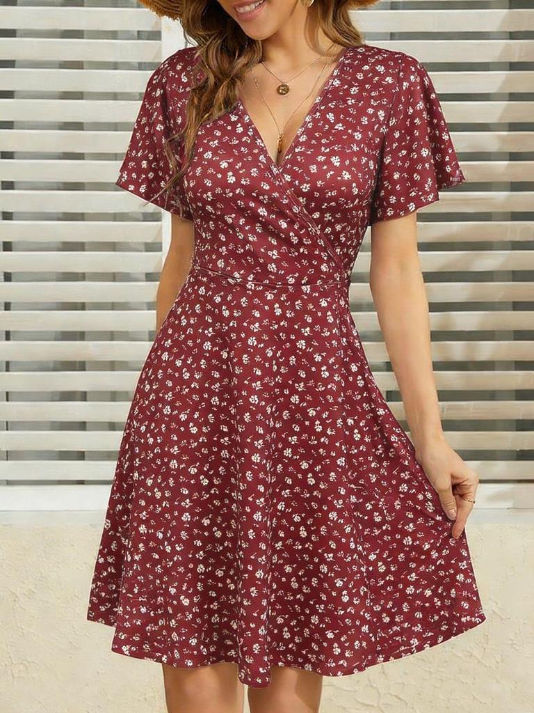 Women's Floral V-Neck A-Line Wrap Dress - Short Sleeve, Elegant & Stylish