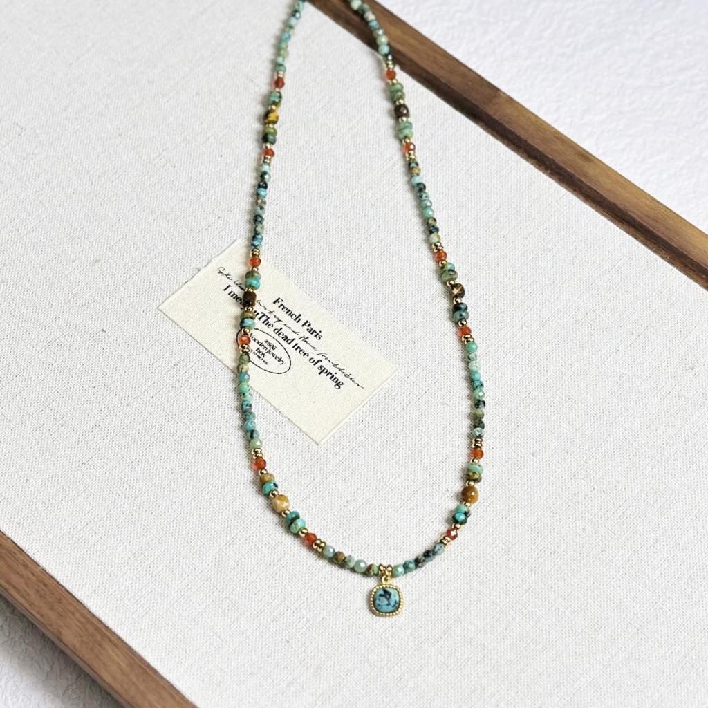 Mori-Style Turquoise Beaded Titanium Steel Necklace - Versatile Retro Sweater Chain for Women