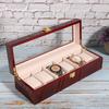 Wooden 6 Grid Watch Display Box Transparent Window Watch Storage Box (Red)