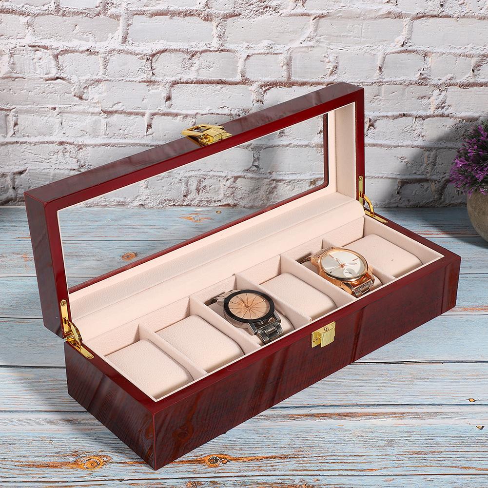 Wooden 6 Grid Watch Display Box Transparent Window Watch Storage Box (Red)