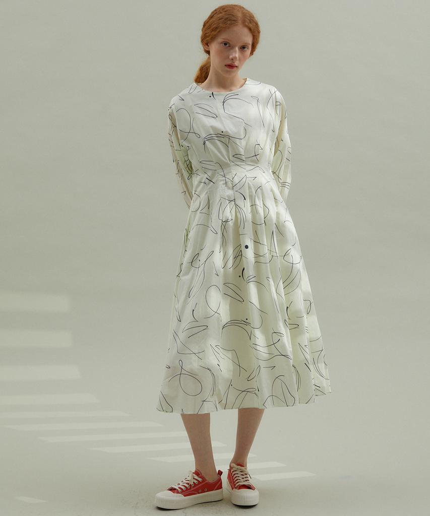 MANAVIS7 Scribble Cotton Dress Ivory