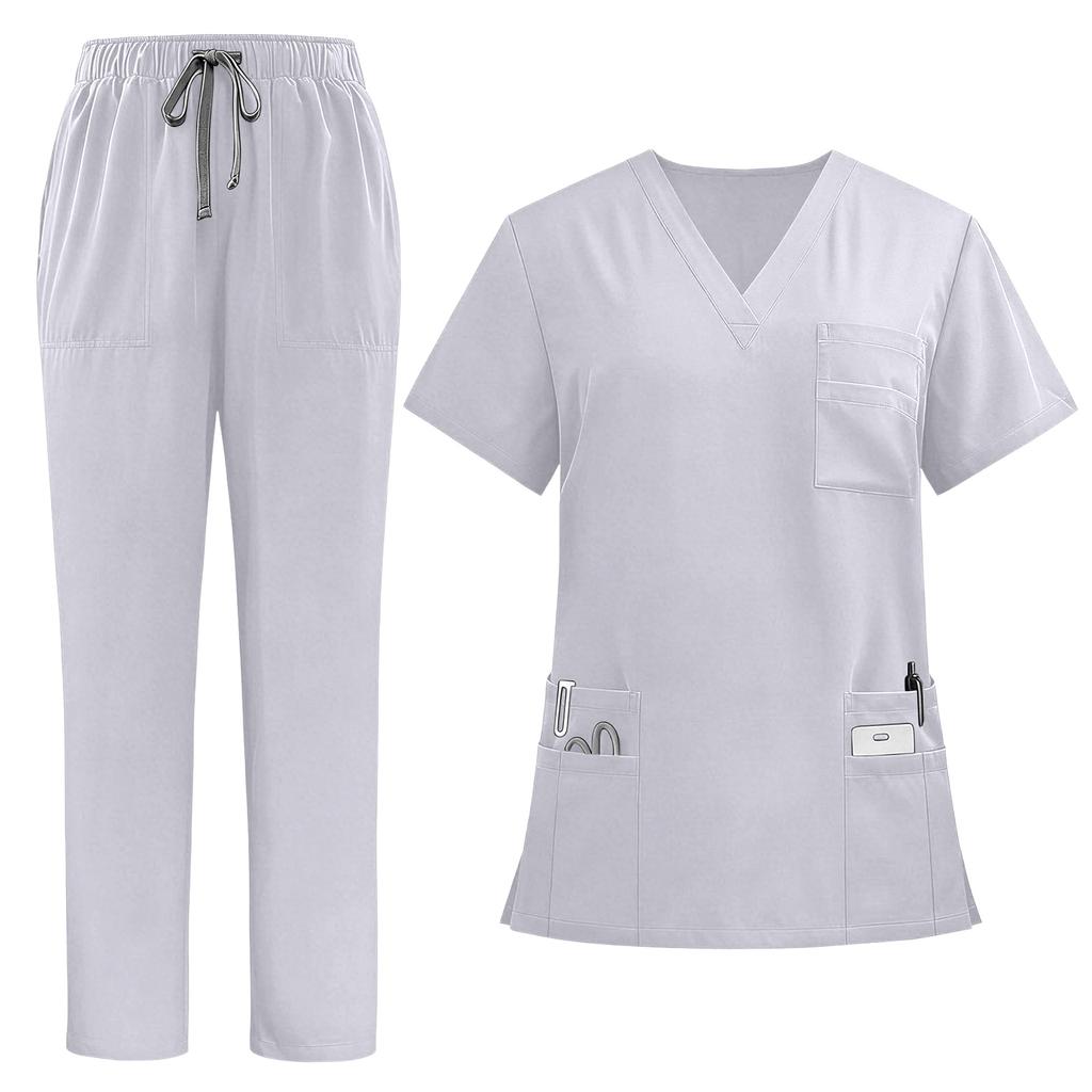 Damen V-Ausschnitt Kurzarm Kasack-Uniform Set mit Oberteil und Hose