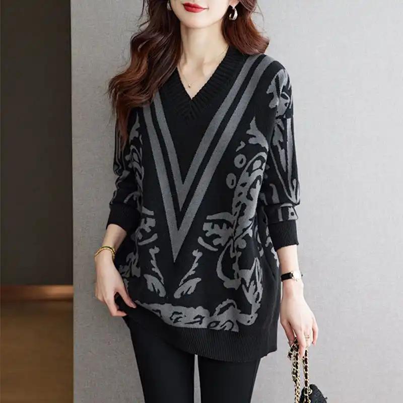 

Светр для жінок Осінь Зима Потовщений Пуловер Теплий В язаний Смугастий V-подібний виріз Базовий шар Еластичний Довгий рукав Оверсайз Светр Топи 5XL чорний