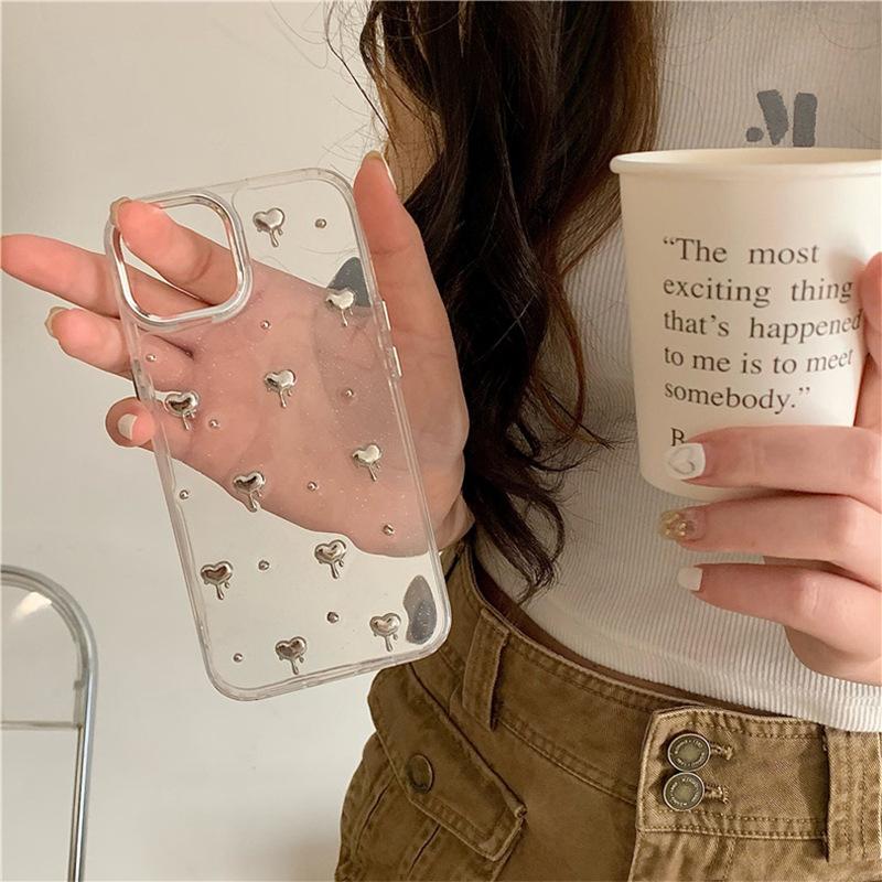 Transparent Phone Case for IPhone 17 Promax Fine Glitter Powder for Apple 14 Electroplated Small Heart Dropper 16