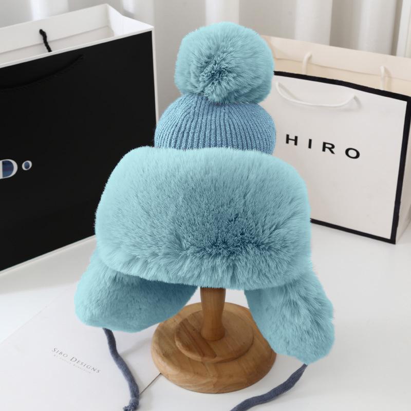 Hat Soft Winter Thick Outdoor Earflap Warm Hat Wool Knitted Snow Ski Cap Fleece Bomber Trapper Hat Women Ushanka Faux Fox Fur Pompom