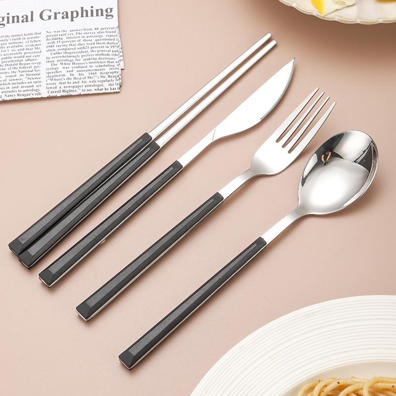 Korean Style 430 Stainless Steel Tableware Set with Imitation Wood Grain Handles: Includes Knife, Fork, Spoon, and Chopsticks