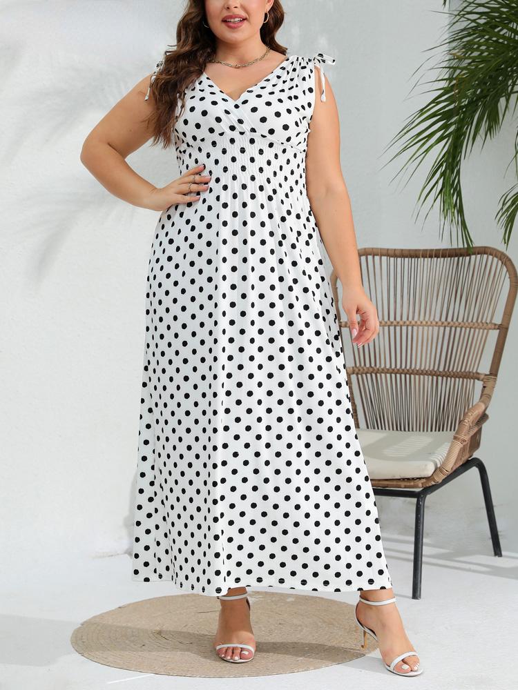 Aesthetic Vintage Loose Plus Size Sling Dress Women Fashion Casual Slim Polka Dot V Neck Dresses Female Design Sleeveless Off Shoulder Clothing Lady