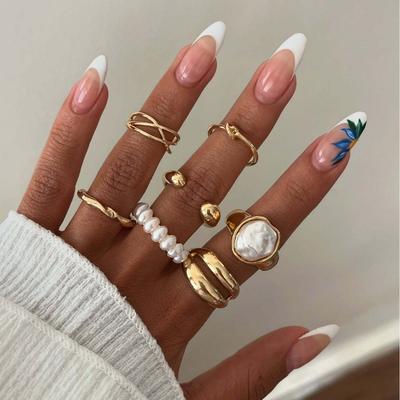 Set 7 Piese Inele Vintage Metal Imitatie Perle pentru Femei Modă Culoare Aurie Inele de Deget Geometrice Arc Multi-Strat Zircon Cadouri