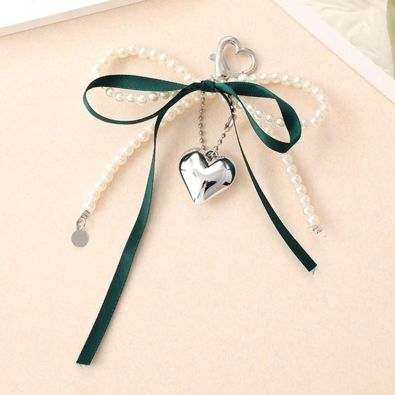 Elegant Pearls Bows Bag Pendant Practical Keychain Heart Shape Phone Ornament Keyring for Purse Handbag Decoration