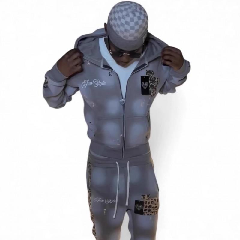 Streetwear mikina s kapucí a kalhoty Set Muži Ženy Leopard Písmeno Na zip Rovné nohavice