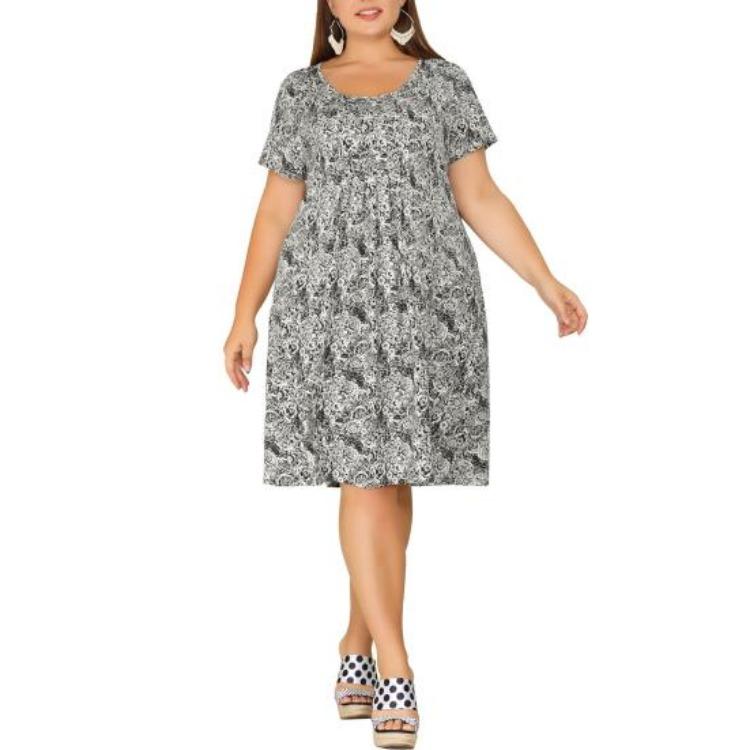 Plus Size Floral Print Dress Women Loose Fit Round Neck Short Sleeve Pleated Detail Flowy Hem Short Dress XL чёрный