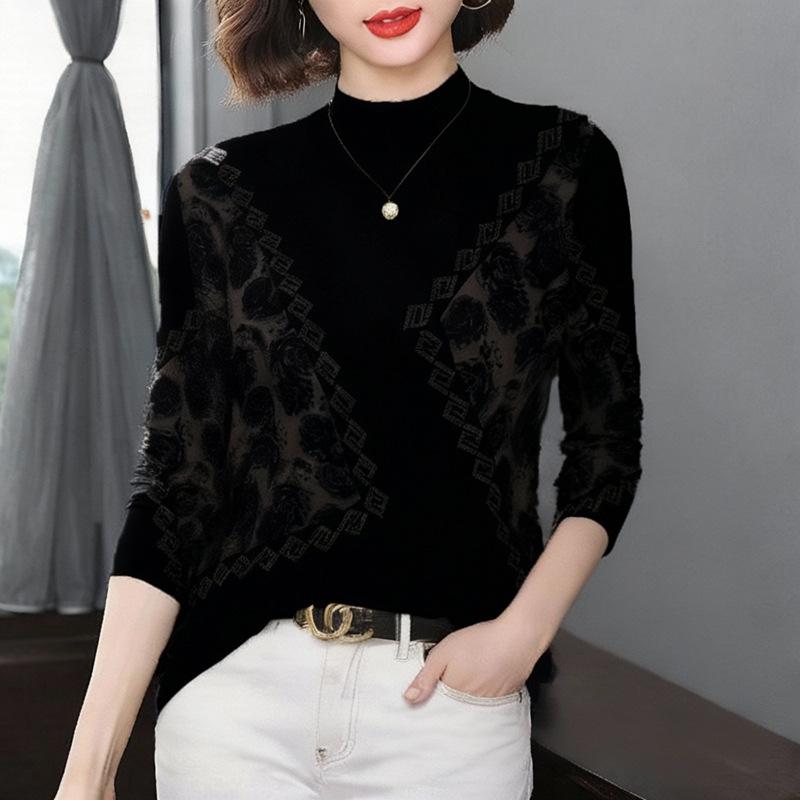

Velvet Thickened Rose Embroidered Long Sleeve Top for Mature Women - Fashionable, Stylish, and Age-Reducing. 3XL