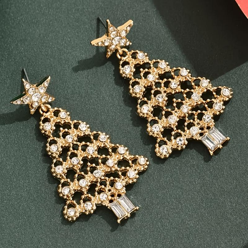 1 Pair Christmas Tree Earrings for Women, Golden-Tone Party Jewelry with Sparkling Synthetic Stones, Unique Tree Design for Holiday Celebrations