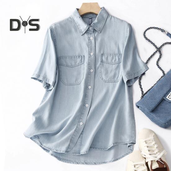 

Женская рубашка с лацканами и короткими рукавами, рубашка с карманами и клапанами, топы, однобортная рубашка в стиле ретро, ​​свободная однотонная рубашка M синий